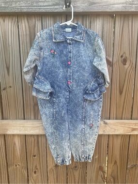 Vintage Popsicle Acid-Wash Denim bubble romper pink Floral Embroidery
